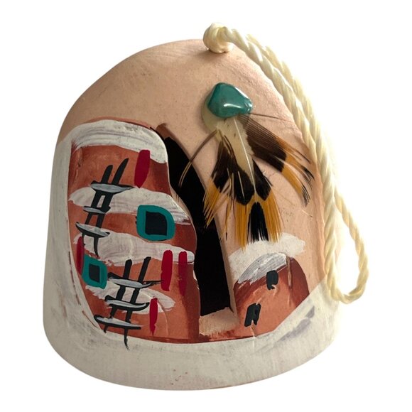 Hand-Painted Pueblo Clay Bell with Turquoise Accent & Feathers Signed ARA – New - Picture 1 of 4